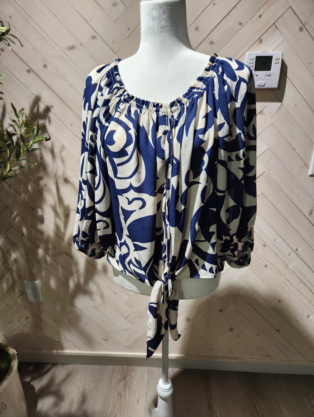 Cato Navy and Cream Tie-Front Boho Blouse
